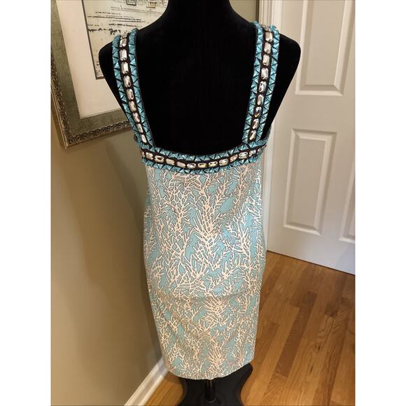 TORY BURCH Print sea coral turquoise blue beaded neckline silk knit midi sz M - Picture 6 of 9